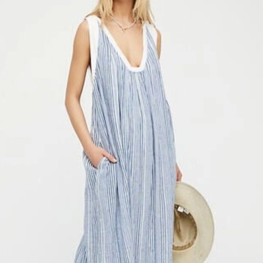 Free People women SP beckett midi‎ dress lagenlook vacation striped sleeveless